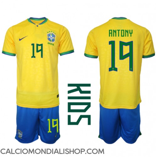 Maglie da calcio Brasile Antony #19 Prima Maglia Bambino Mondiali 2022 Manica Corta (+ Pantaloni corti)